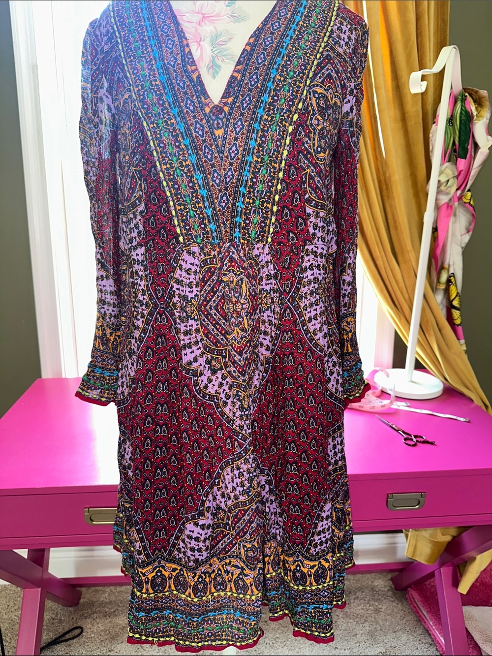 Anthropologie Bohemian Long Sleeve V-Neck Dress in Burgundy and Purple